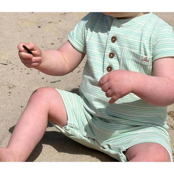 NEW ME & HENRY boy's camborne henley romper in mint stripe - Picture 2 of 3